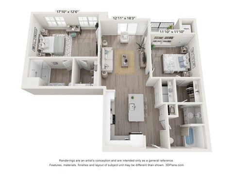 Floor plan for 2 beds, 2 baths, 1119 sqft